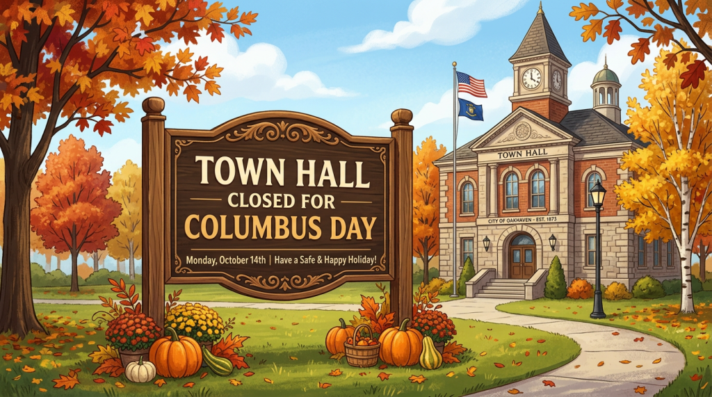 Town hall sign reading “Closed for Columbus Day” on Monday, October 14th